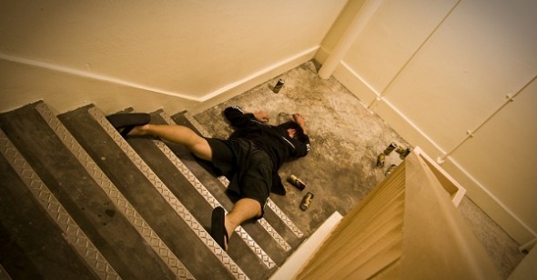 Passed out college student on stairs