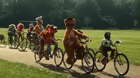 a gif of the biking scene from the Muppet movie
