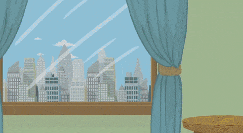 Animated gif of man coming home from work and sitting at computer