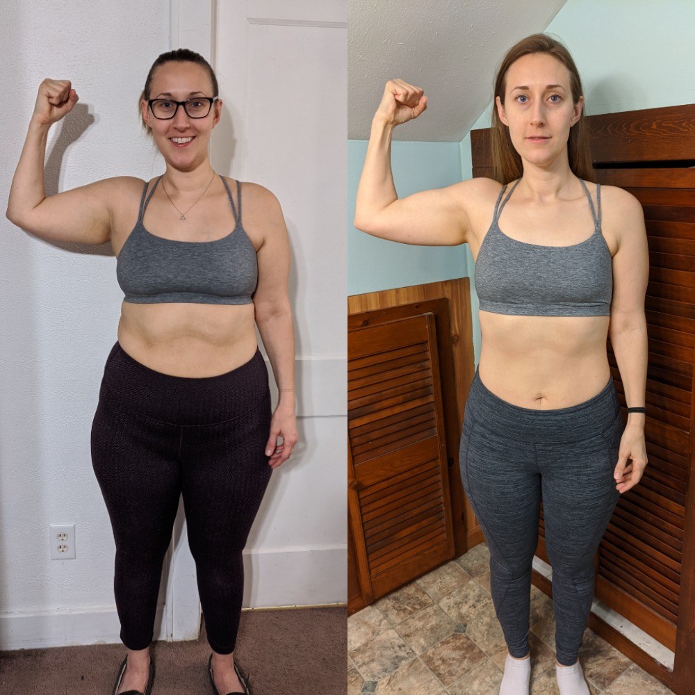 Before and after pictures of Sarah, who lost weight fairly quickly.