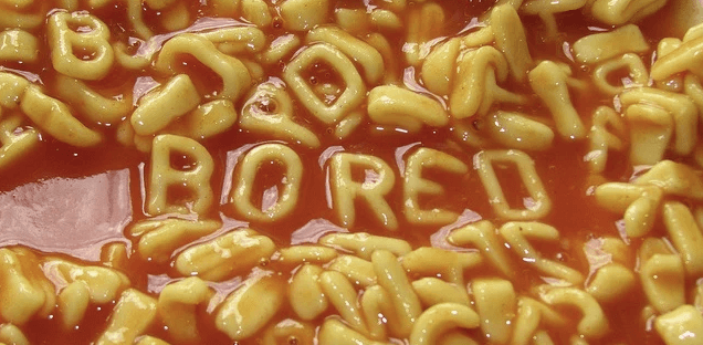 This photo shows "bored" written in pasta
