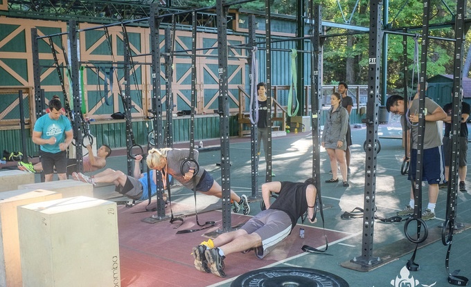 Campers using bodyweight training at Camp NF. 