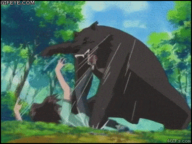 This gif shows a man being attacked by a Bear, cartoon style. 