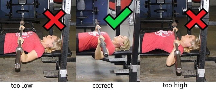 As shown, we don't want to the bar too high or too low. You want the bar to touch a few inches below your clavicles.