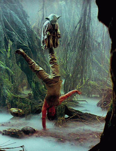 Luke Skywalker does handstands for fun exercise with Yoda