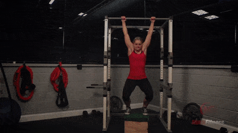 Staci jumping up to do a negative pull-up., a unconfined movement until you can bring regular pull-ups into your circuit.