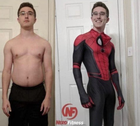 A before and after of Jimmy, who turned himself into Spider-Man.
