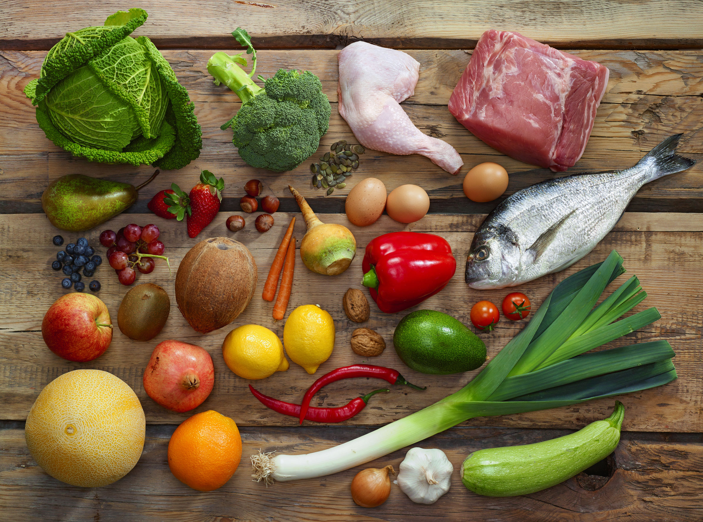 various paleo diet products on wooden table, top view