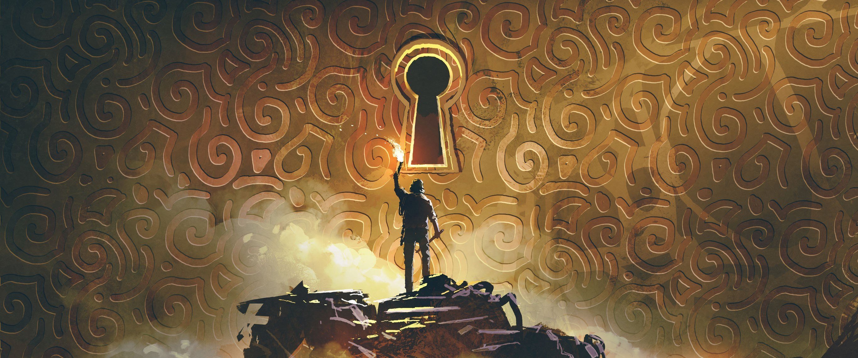 the adventure man with a torch standing and looking at a large keyhole on the brass wall, digital art style, illustration painting