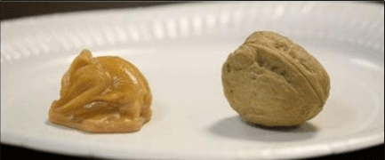 This photo shows a serving of peanut butter, which is about the size of the walnut next to it.