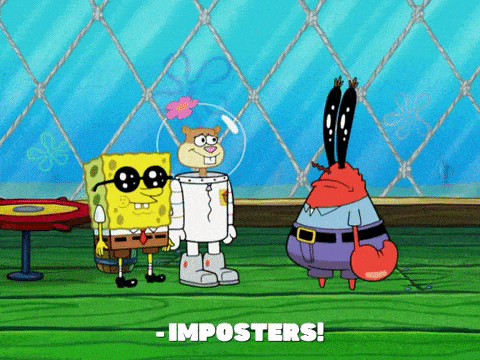A gif of Mr Krabs yelling imposter at Spongebob.
