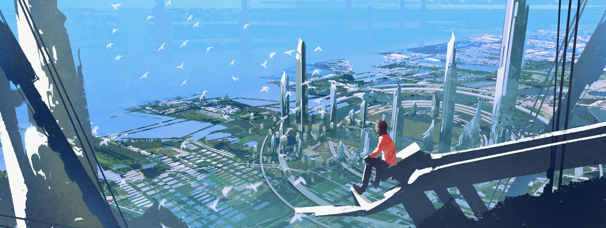 Aerial view with the man sitting on edge of building looking at futuristic city.