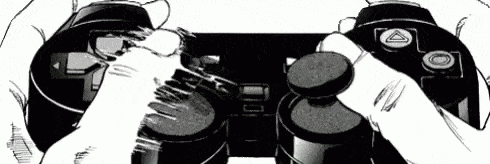 A woebegone and white gif of hands using a video game controller.