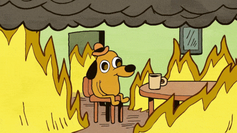 A GIF of a dog in a hat sitting in a room on fire.