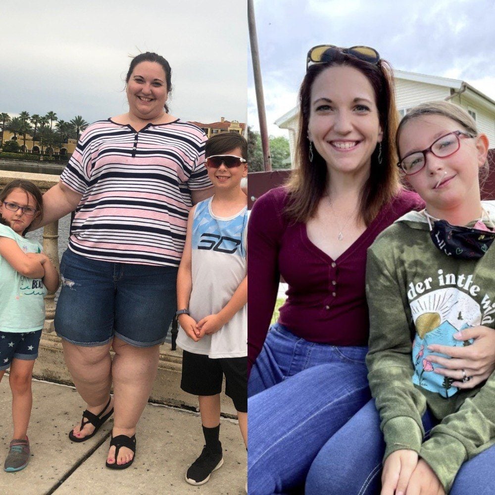 Megan with her kids before and after